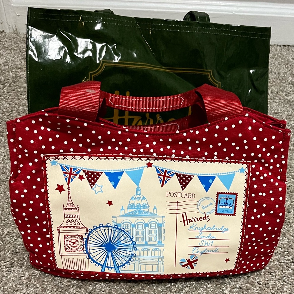 2 Harrods bags Red cloth  Zip Pouch with Polkadots EC
